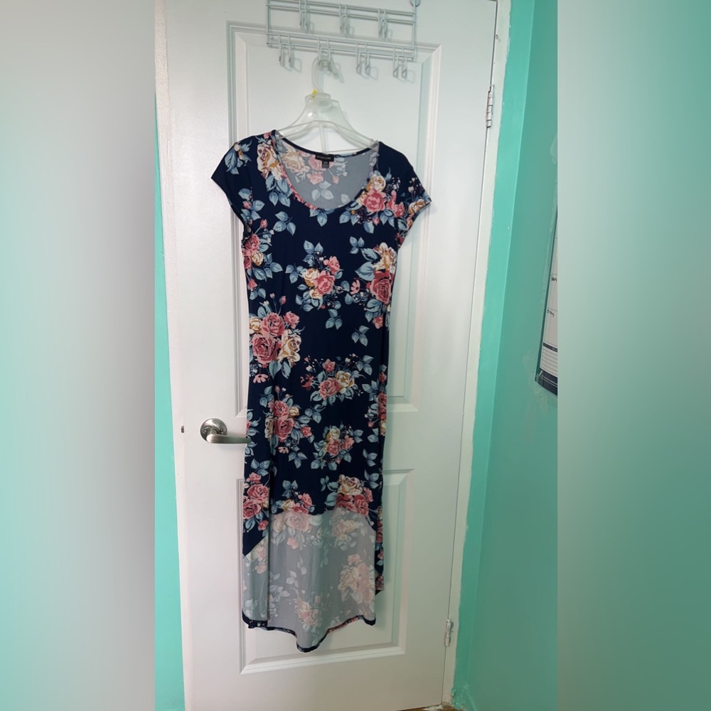 High low blue dress with colourful floral print